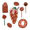 Hong Kong waffle with caramel, ice cream and berries, trdlo, sweet nuts and cake pops Vector fast food,