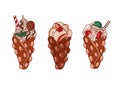 Hong Kong waffle with caramel, ice cream and berries, trdlo, sweet nuts and cake pops Vector fast food,