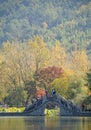 Hongcun Ancient Town in Anhui Province, China. Landscape view of the stone bridge crossing Nanhu Lake in Hongcun