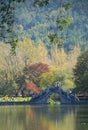 Hongcun Ancient Town in Anhui Province, China. Landscape view of the stone bridge crossing Nanhu Lake in Hongcun