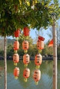 Hongcun Ancient Town in Anhui Province, China. Red lanterns hanging by Nanhu Lake