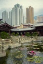 Hongkong china - march17,2019 : beautiful tropical lotus pool and chinese cultural pavilion in nan lian garden against vertical Royalty Free Stock Photo