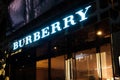 The Burberry logo signage on shop facade in Hong kong,