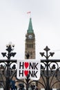 Honk Honk Sign In Support of Freedom Convoy, at Parliament Hill in Ottawa, Canada