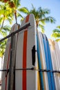 Surfboards on Waikiki Beach standing in a rack