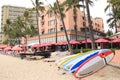 Honolulu, Hawaii -4/27/2018 - Surfboards stacked in front of a hotel on Waikiki Beach, Honolulu, Hawaii Royalty Free Stock Photo