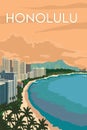 HONOLULU Hawaii Travel Poster With Skyline Illustration
