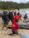 Honolulu, Hawaii, USA - 2022-08-20 - Shaka Filming Hukilau - A videographer films people preparing the net for the ocean Royalty Free Stock Photo