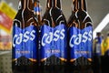 Korean beer brand Cass Fresh Cold Brewed bottles with blue labels imported to the United States.