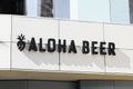 Local Hawaiian microbrewery and beergarden Aloha Beer signage with name and logo on bar location in sunny Waikiki