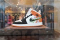 Spring 2023 sakura cherry blossom embroidered Air Jordan 1 Mid SE on display in Hawaii Ala moana Shopping Center