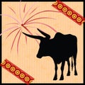 Chinese Year of the Ox illustration with Silhouetted Ox on Chinese-theme pattern background