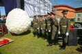 The honor guard platoon of the peter and paul fortress (city museum) in the paved courtyard of the fortress