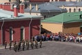 The honor guard platoon of the peter and paul fortress (city museum) in the paved courtyard of the fortress