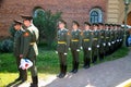 The honor guard platoon of the peter and paul fortress (city museum) in the paved courtyard of the fortress