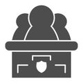 Honorable jury solid icon. Three figures in compartment, acting as a judgment. Jurisprudence vector design concept