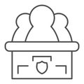 Honorable jury thin line icon. Three figures in compartment, acting as a judgment. Jurisprudence vector design concept