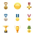Honorable medals icons set, cartoon style
