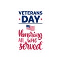 Honoring All Who Served, hand lettering with USA flag illustration. Veterans Day poster, greeting card in vector.