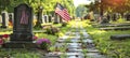 Honoring veterans american flags on graves at national cemetery on memorial day Royalty Free Stock Photo