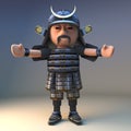 Honourable Japanese samurai warrior greets you with arms outstretched, 3d illustration