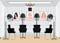 Hood hair dryer in beauty salon with poster hair style in salon