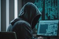 A hooded anonymous hacker breaks into a computer system. Ai generative