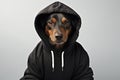 Hooded black cotton hoodie lends a pensive air to dogs expression