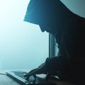 Hooded computer hacker hacking network