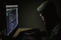 Hooded computer hacker stealing information with pc in Dark room background Royalty Free Stock Photo