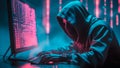 Cyber Attack Hacker intensely focused on a futuristic computer screen