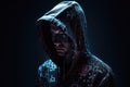 hooded cyber hacker with black background with blue outlines. Generative AI