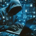 Hooded cyber security network hacker using laptop