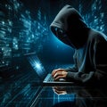 Hooded cyber security network hacker using laptop