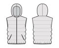 Hooded Down vest puffer waistcoat technical fashion illustration with sleeveless loose fit, hip length, classic quilting