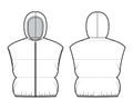 Hooded Down vest puffer waistcoat technical fashion illustration with zip-up closure, loose, crop length, wide quilting