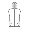 Hooded Down vest puffer waistcoat technical fashion illustration with zip-up closure, pockets, oversized, hip length