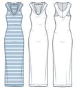 Hooded Dress technical fashion illustration, striped design. Jersey maxi Dress fashion flat technical drawing template, slim fit