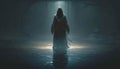 A hooded figure casts a spell upon a shimmering pool of water a faint mist curling at its feet as the eerie darkness