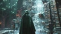 A hooded figure clad in emerald robes stands in front of a towering waterfall made of books. As they whisper a spell the Royalty Free Stock Photo