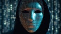 Hooded figure with a digital code mask