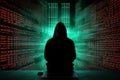 A hooded figure hacking data servers