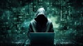 A hooded figure hacking data servers