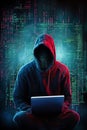 A hooded figure hacking data servers and laptops on the internet