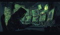 Hooded figure hacking multiple computers in a dark room filled with code screens Royalty Free Stock Photo