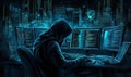 Hooded figure hacking multiple computers in a dark room filled with code screens Royalty Free Stock Photo