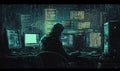 Hooded figure hacking multiple computers in a dark room filled with code screens Royalty Free Stock Photo