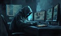 Hooded figure hacking multiple computers in a dark room filled with code screens Royalty Free Stock Photo