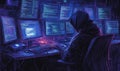 Hooded figure hacking multiple computers in a dark room filled with code screens Royalty Free Stock Photo