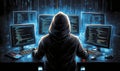 Hooded figure hacking multiple computers in a dark room filled with code screens Royalty Free Stock Photo
